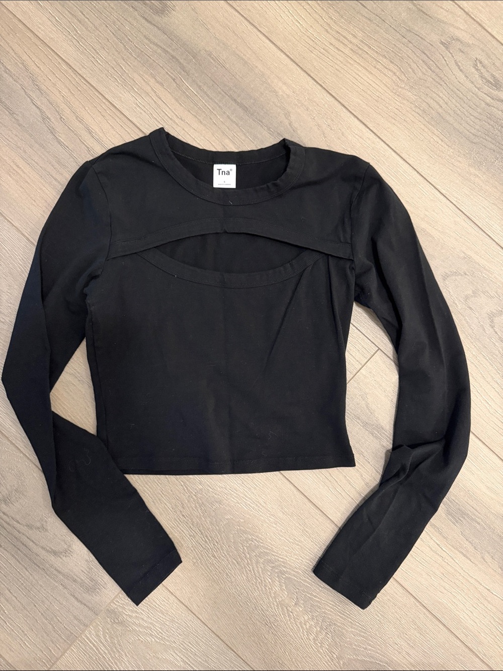 TNA Black Long-Sleeve Crop Top with Front Cutout